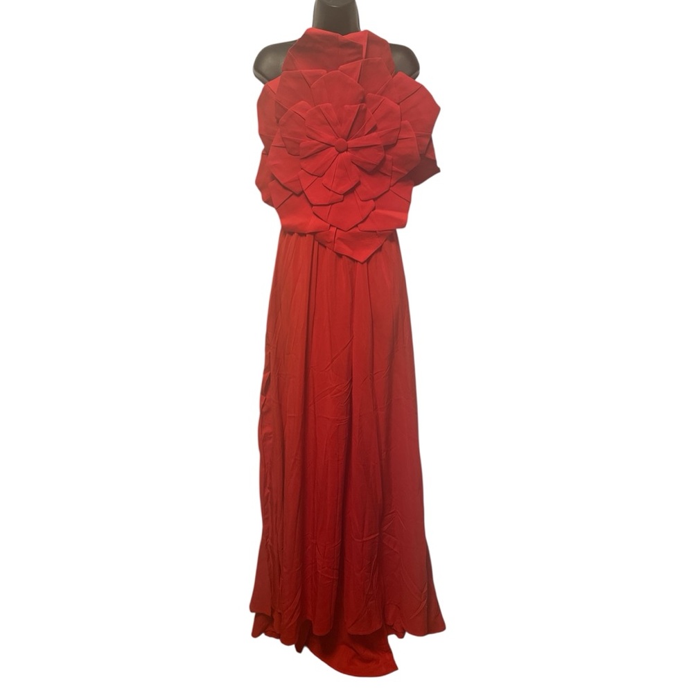AKIRA Red Floral Appliqué Halter Evening Gown